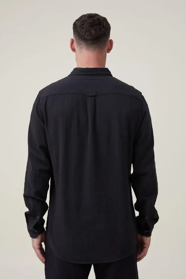 Men Shirts and Polos Cotton On Portland Long Sleeve Shirt Washed Black Cheesecloth