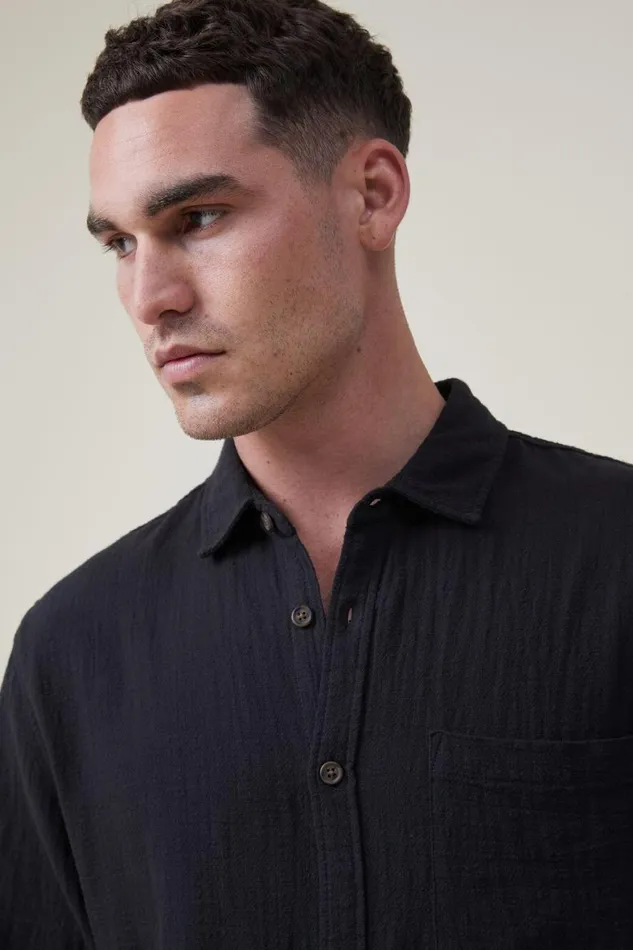 Men Shirts and Polos Cotton On Portland Long Sleeve Shirt Washed Black Cheesecloth