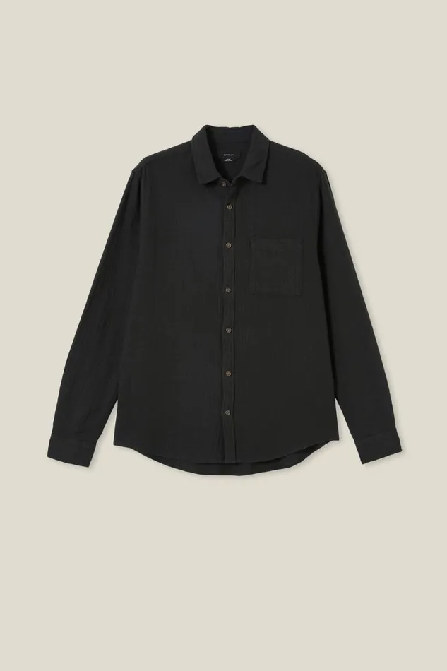 Men Shirts and Polos Cotton On Portland Long Sleeve Shirt Washed Black Cheesecloth