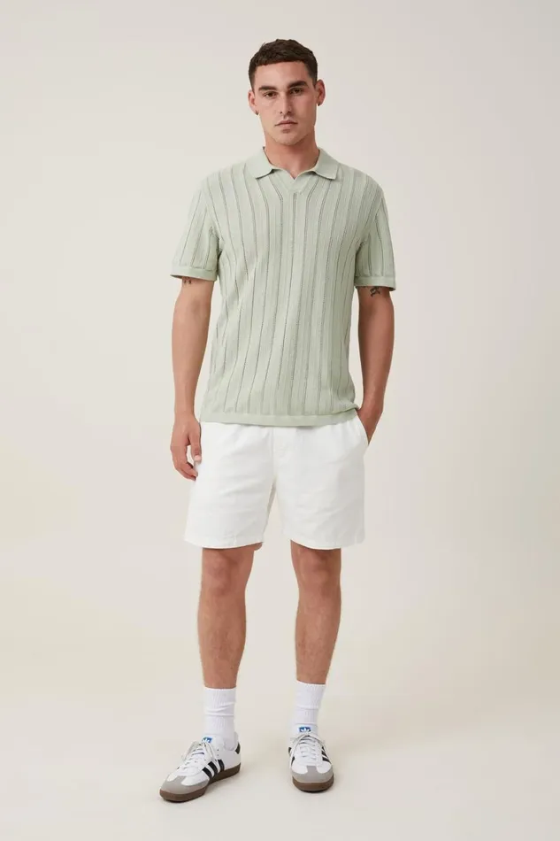 Men Shirts and Polos Cotton On Resort Short Sleeve Polo Seafoam Pointelle