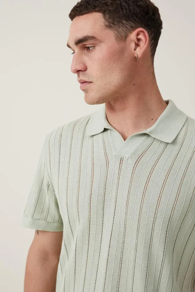 Men Shirts and Polos Cotton On Resort Short Sleeve Polo Seafoam Pointelle