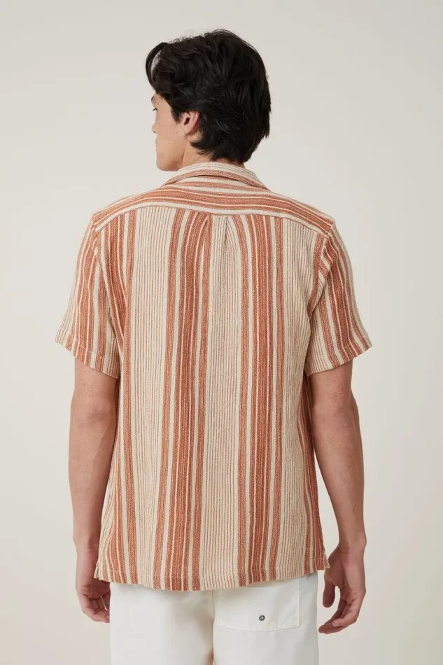 Men Shirts and Polos Cotton On Riviera Short Sleeve Shirt Burnt Clay Stripe