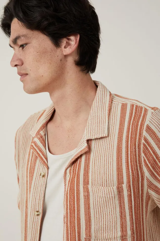Men Shirts and Polos Cotton On Riviera Short Sleeve Shirt Burnt Clay Stripe