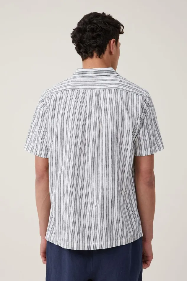 Men Shirts and Polos Cotton On Riviera Short Sleeve Shirt White Black Stripe