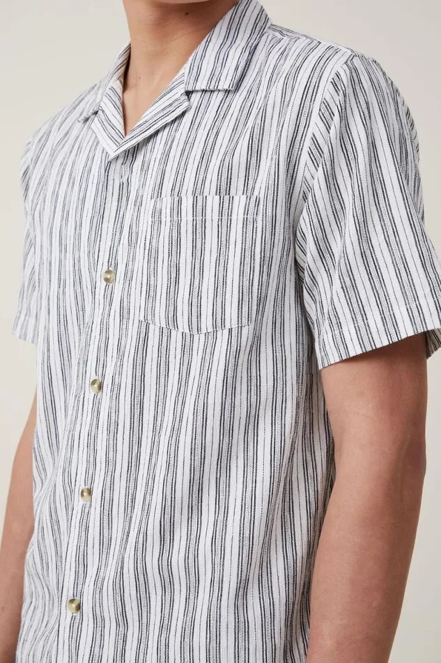 Men Shirts and Polos Cotton On Riviera Short Sleeve Shirt White Black Stripe