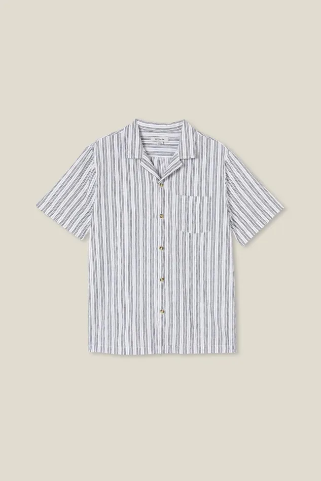 Men Shirts and Polos Cotton On Riviera Short Sleeve Shirt White Black Stripe