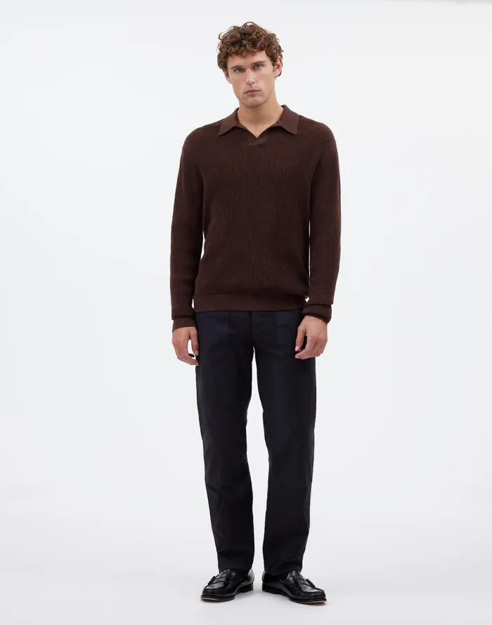 Men Shirts Madewell JohnnyCollar Sweater Polo Shirt In Merino Wool Hthr Chocolate
