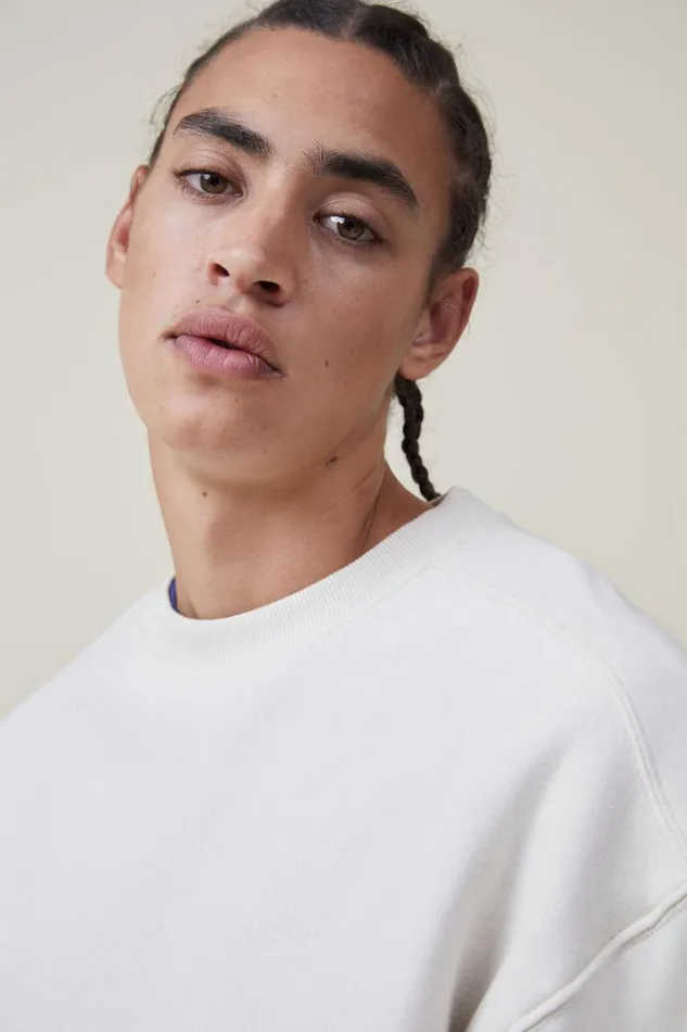 Men Sweats and Hoodies Cotton On Oversized Crew Sweater Ecru