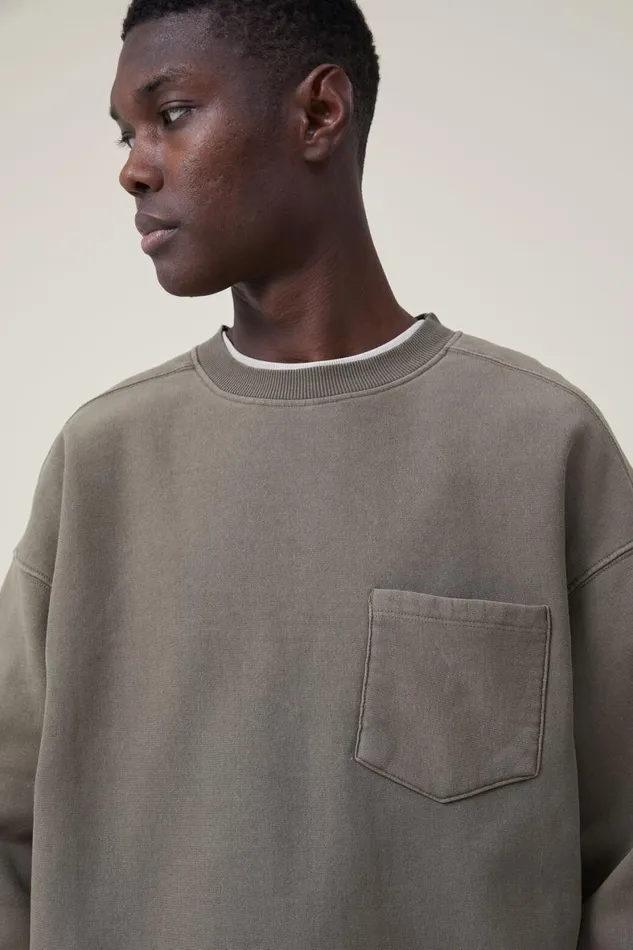 Men Sweats and Hoodies Cotton On Oversized Crew Sweater Jungle Khaki