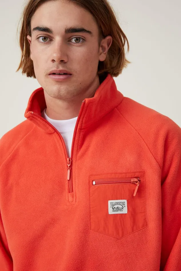 Men Sweats and Hoodies Cotton On Quarter Zip Polar Fleece Burnt Red Yellowstone
