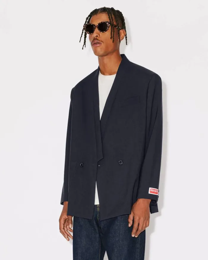 Men Tailored Kimono Jacket In Virgin Wool Midnight Blue Kenzo Kimonos