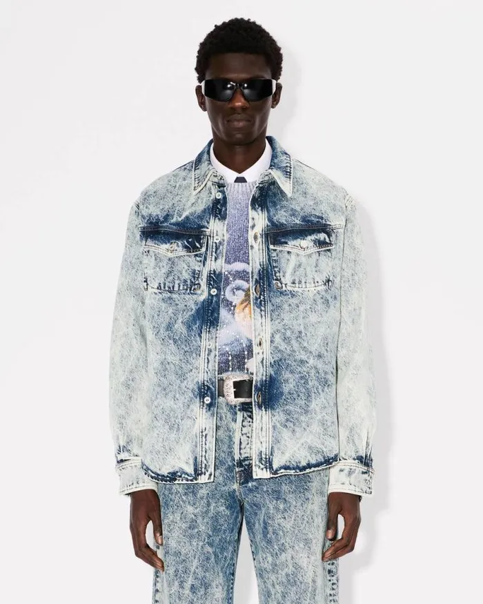 Men Western Shirt In Japanese Denim Snow Bleached Blue Denim Kenzo Shirts