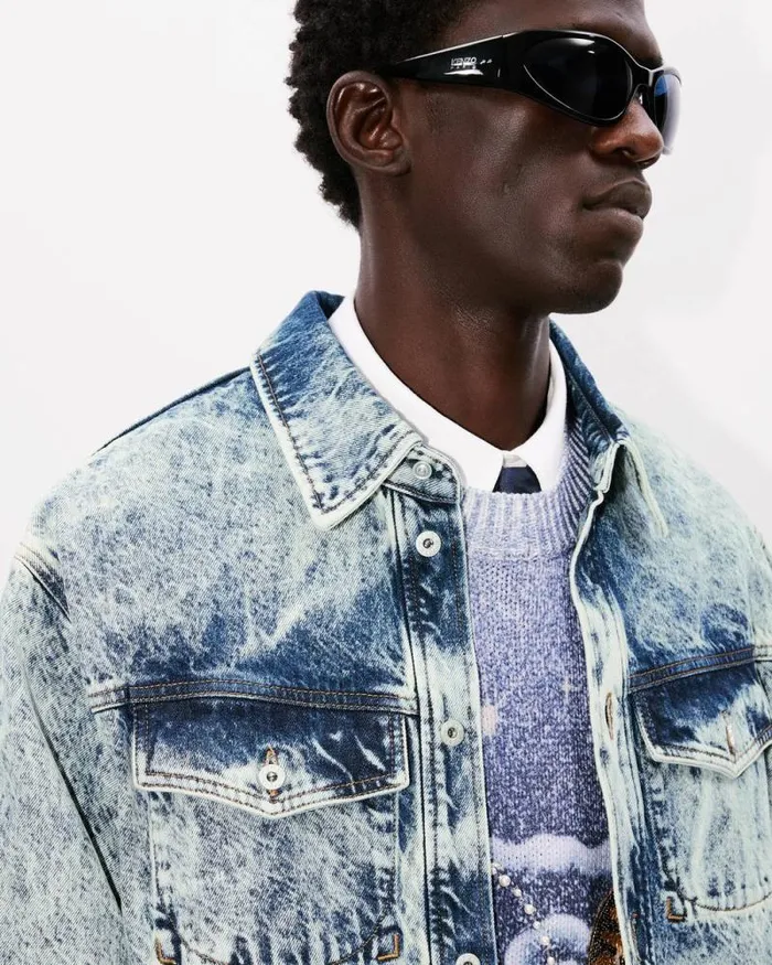 Men Western Shirt In Japanese Denim Snow Bleached Blue Denim Kenzo Shirts