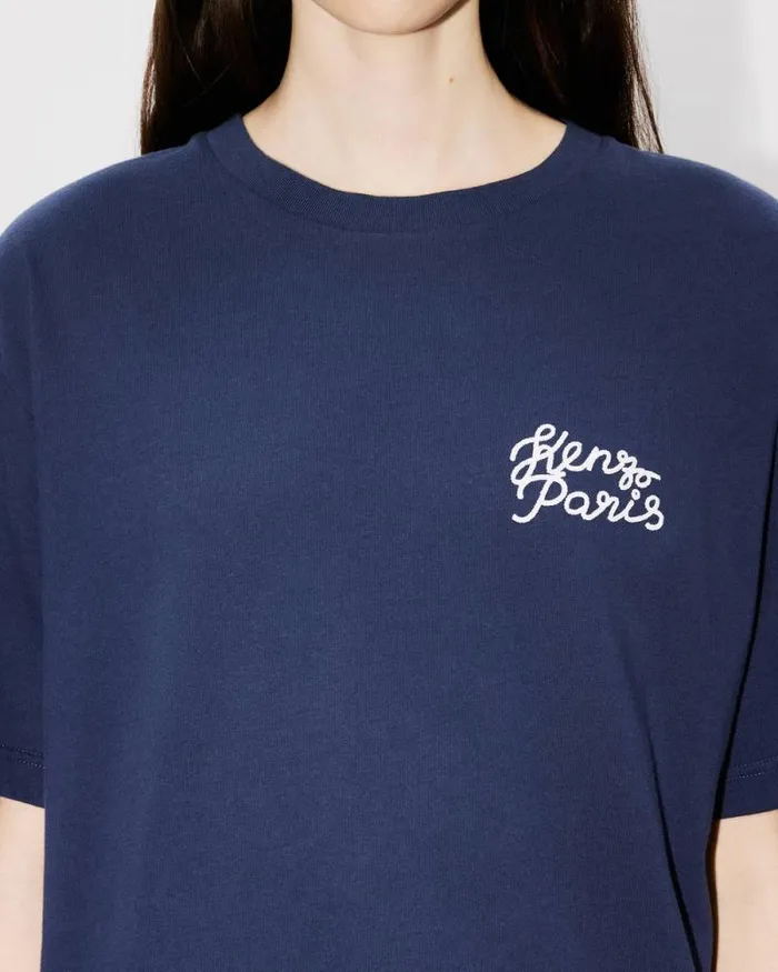 MenWomen 039KENZO Jungle Heart039 Oversized Embroidered Tshirt In Cotton Midnight Blue Kenzo Tshirts And Polos