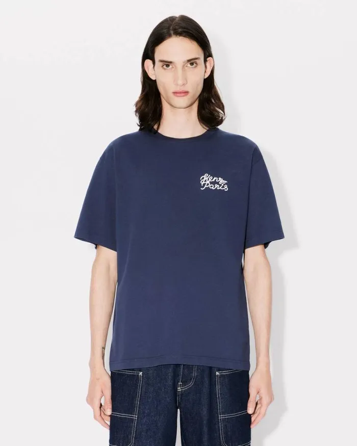 MenWomen 039KENZO Jungle Heart039 Oversized Embroidered Tshirt In Cotton Midnight Blue Kenzo Tshirts And Polos