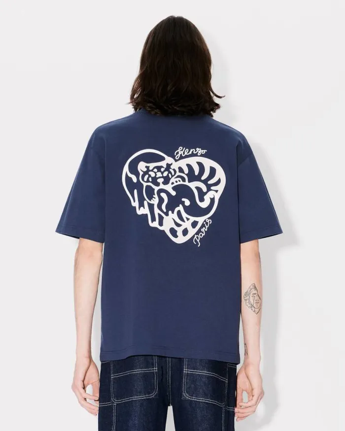 MenWomen 039KENZO Jungle Heart039 Oversized Embroidered Tshirt In Cotton Midnight Blue Kenzo Tshirts And Polos