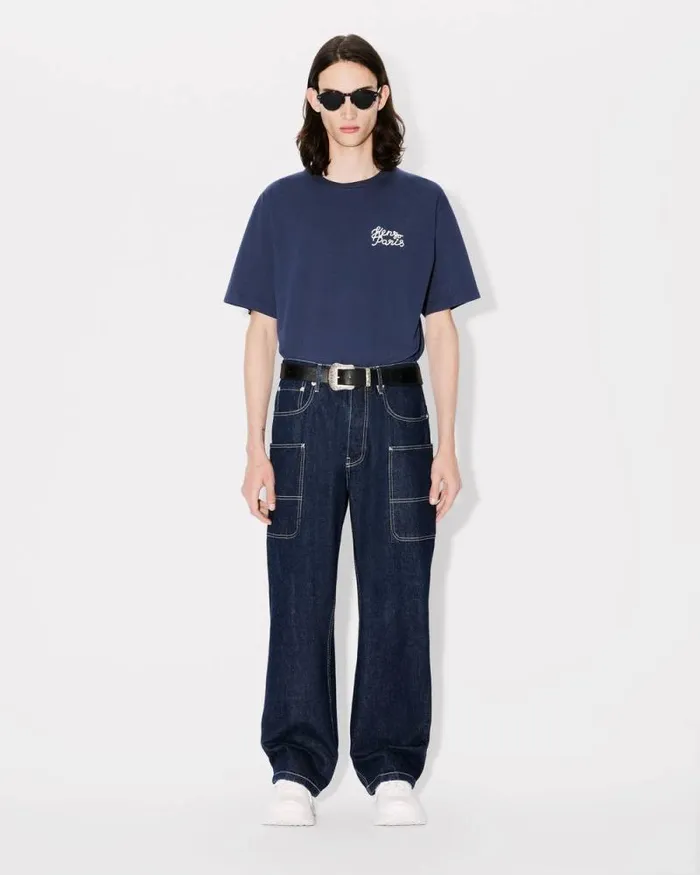 MenWomen 039KENZO Jungle Heart039 Oversized Embroidered Tshirt In Cotton Midnight Blue Kenzo Tshirts And Polos