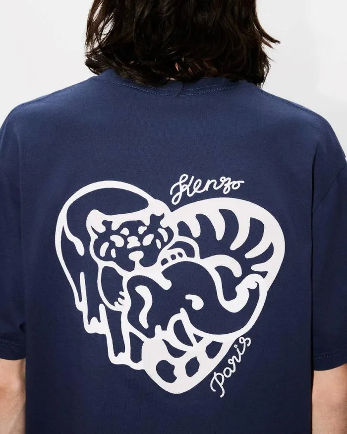 MenWomen 039KENZO Jungle Heart039 Oversized Embroidered Tshirt In Cotton Midnight Blue Kenzo Tshirts And Polos