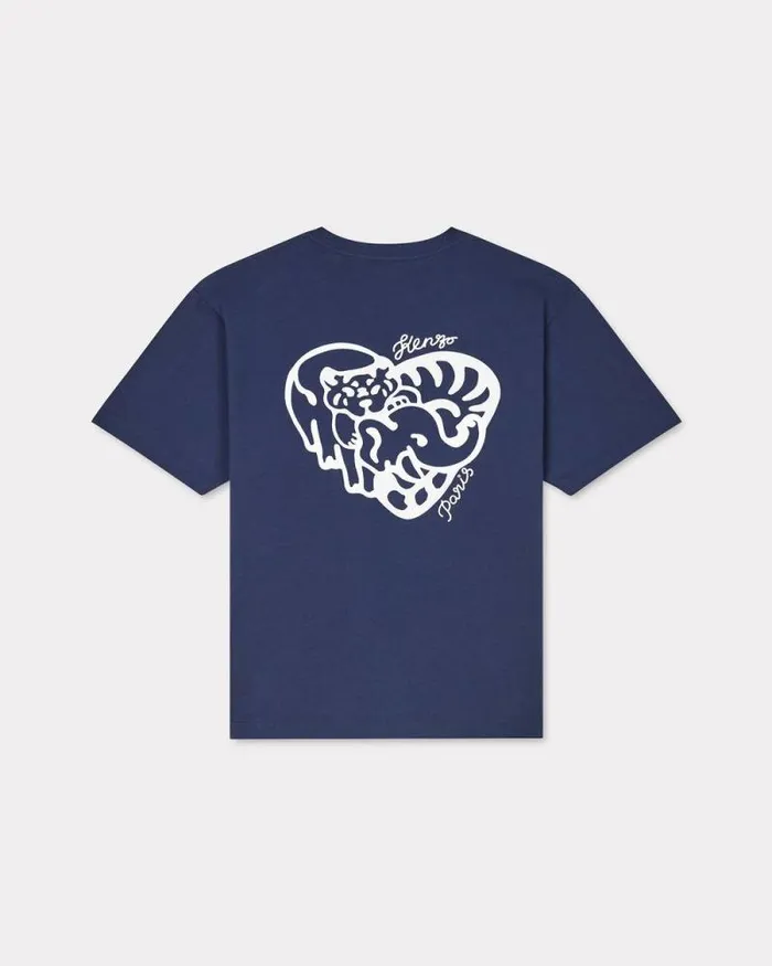 MenWomen 039KENZO Jungle Heart039 Oversized Embroidered Tshirt In Cotton Midnight Blue Kenzo Tshirts And Polos