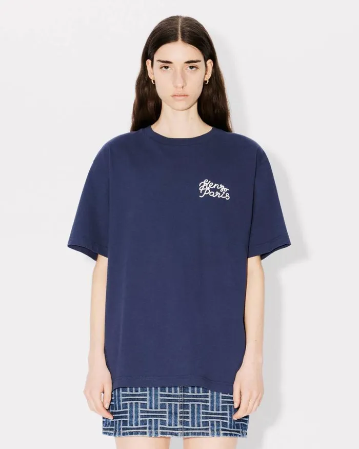 MenWomen 039KENZO Jungle Heart039 Oversized Embroidered Tshirt In Cotton Midnight Blue Kenzo Tshirts And Polos