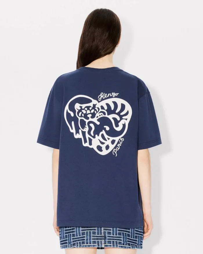 MenWomen 039KENZO Jungle Heart039 Oversized Embroidered Tshirt In Cotton Midnight Blue Kenzo Tshirts And Polos