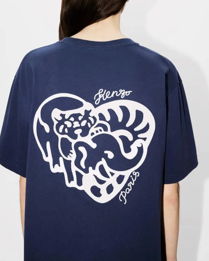 MenWomen 039KENZO Jungle Heart039 Oversized Embroidered Tshirt In Cotton Midnight Blue Kenzo Tshirts And Polos