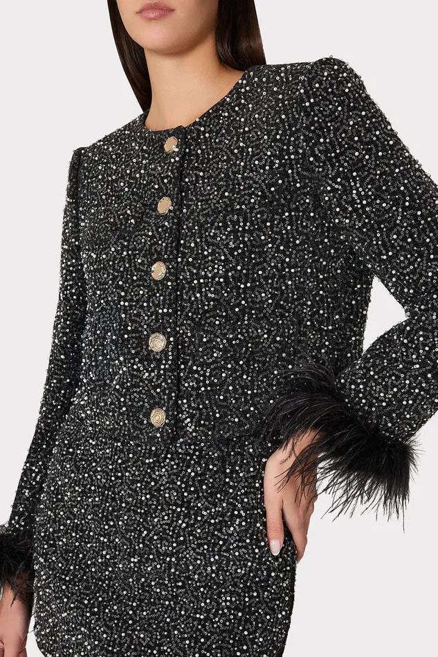Milly Aya Beaded Tweed Jacket Black Women Matching Sets