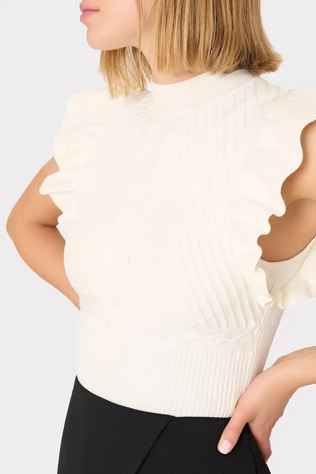 Milly Kamila Flutter Sleeve Knit Top Ecru Women Sweaters and Knits