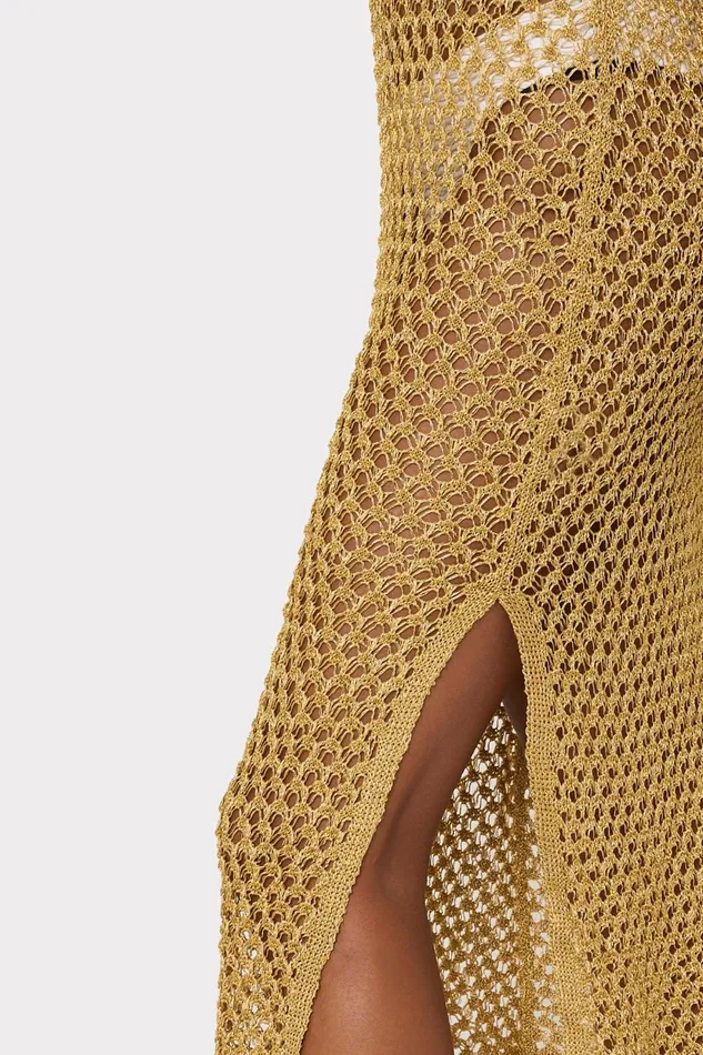 Milly Metallic Mesh V Neck Midi CoverUp Dress Gold Women CoverUps