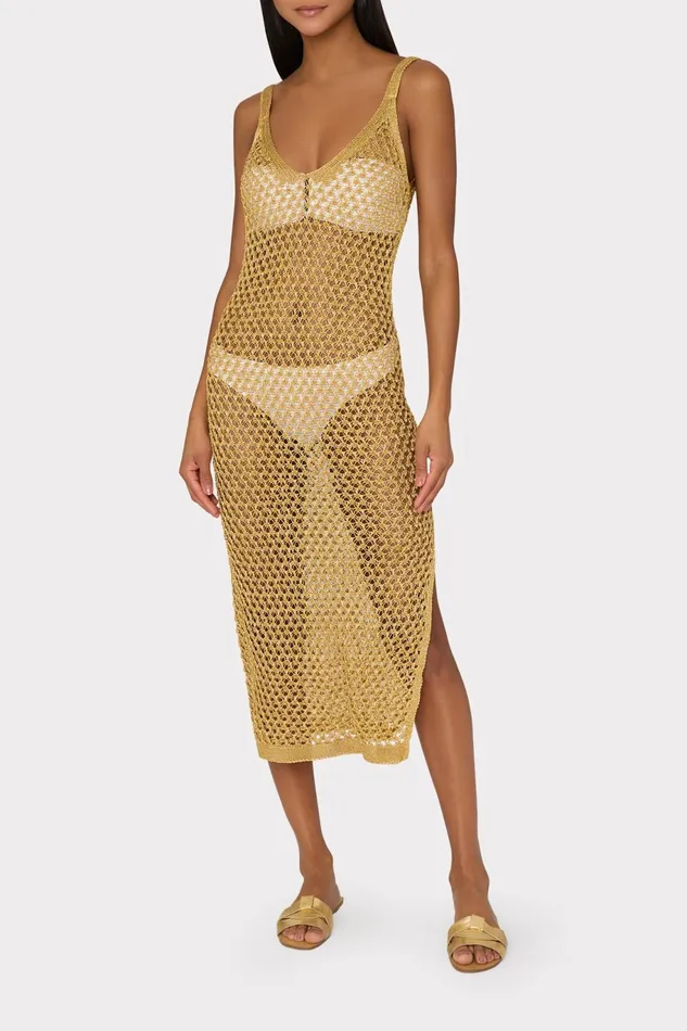 Milly Metallic Mesh V Neck Midi CoverUp Dress Gold Women CoverUps