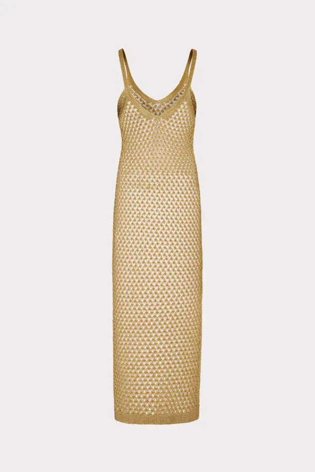 Milly Metallic Mesh V Neck Midi CoverUp Dress Gold Women CoverUps