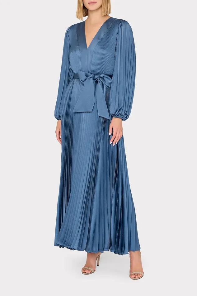 Milly Nadie Pleated Satin Maxi Dress Stone Women Dresses