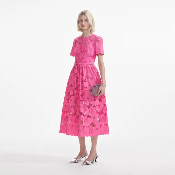Pink Cotton Lace Midi Dress Women Self Portrait Dresses Pink Cotton Lace Midi Dress Women Self Portrait Dresses