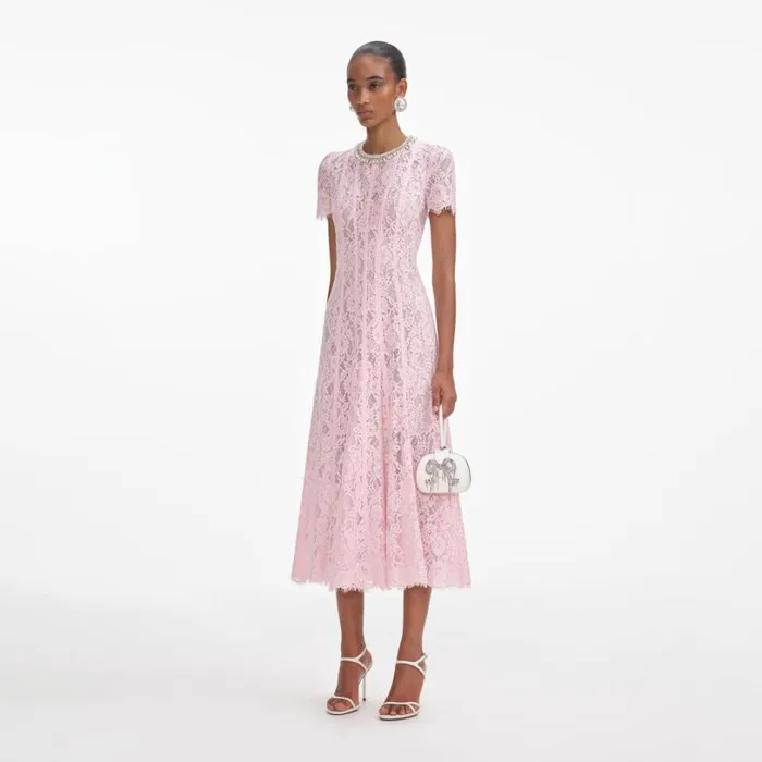Pink Lace Embellished Midi Dress Women Self Portrait Dresses