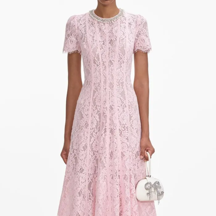 Pink Lace Embellished Midi Dress Women Self Portrait Dresses
