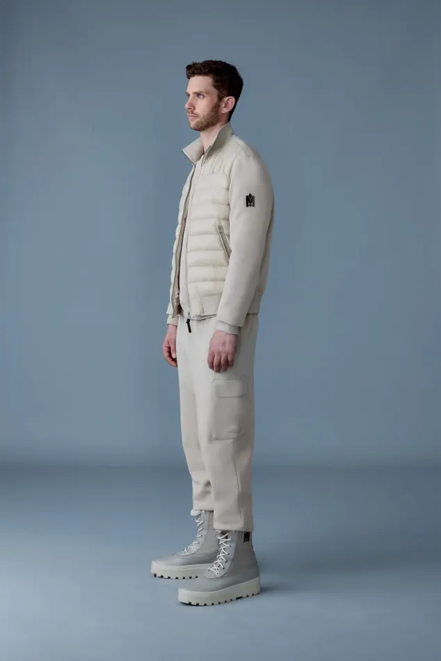 Puffer Men Mackage COLLINR Nano Down Mixed Media Bomber Jacket Cream Puffer Men Mackage COLLINR Nano Down Mixed Media Bomber Jacket Cream