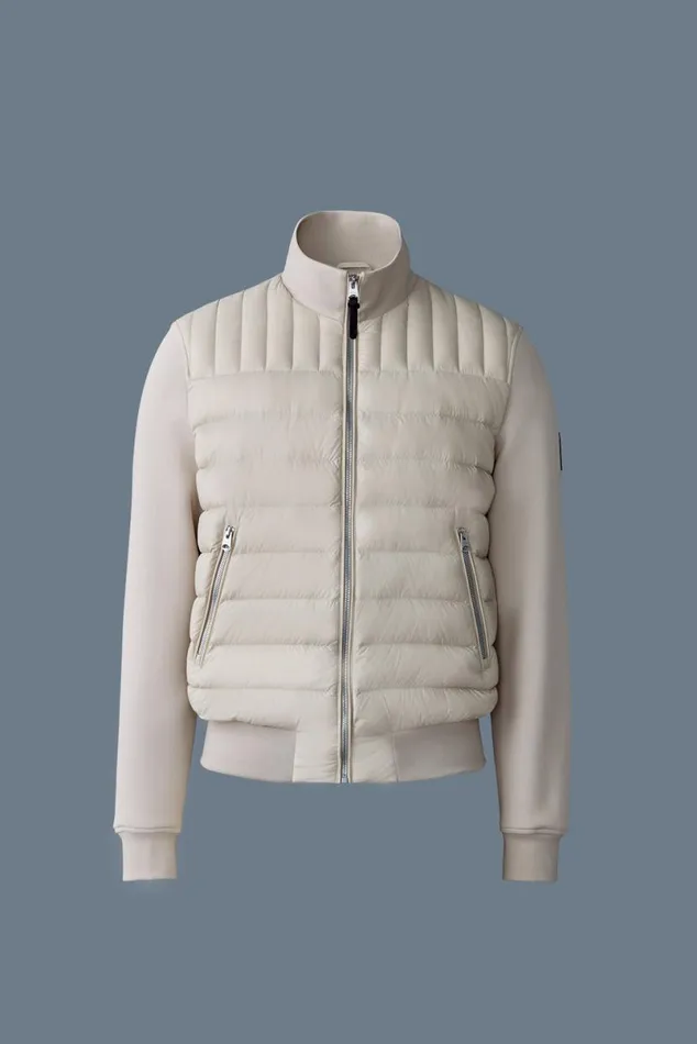 Puffer Men Mackage COLLINR Nano Down Mixed Media Bomber Jacket Cream Puffer Men Mackage COLLINR Nano Down Mixed Media Bomber Jacket Cream