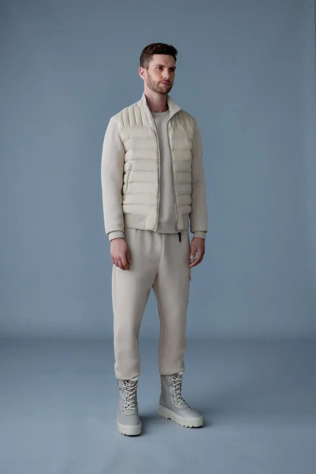 Puffer Men Mackage COLLINR Nano Down Mixed Media Bomber Jacket Cream Puffer Men Mackage COLLINR Nano Down Mixed Media Bomber Jacket Cream