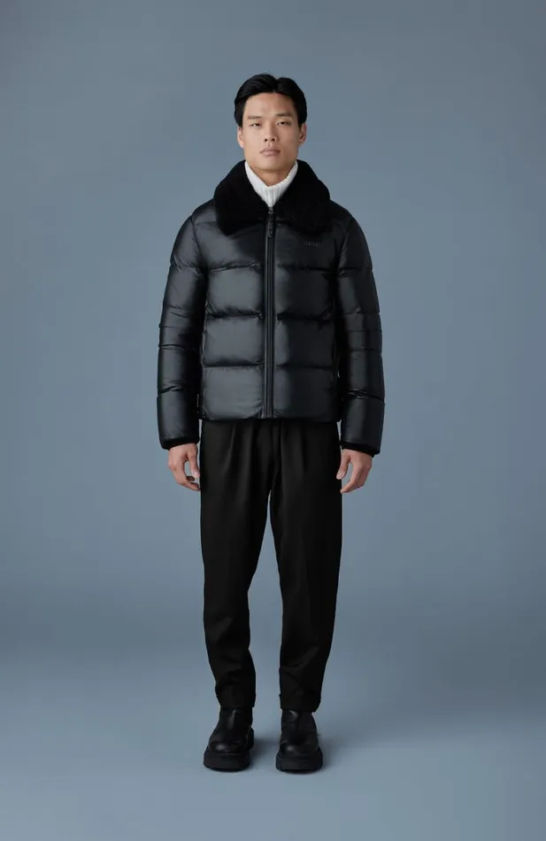 Puffer Men Mackage KYRIE Leather Down Quilted Jacket With Shearling Collar Black