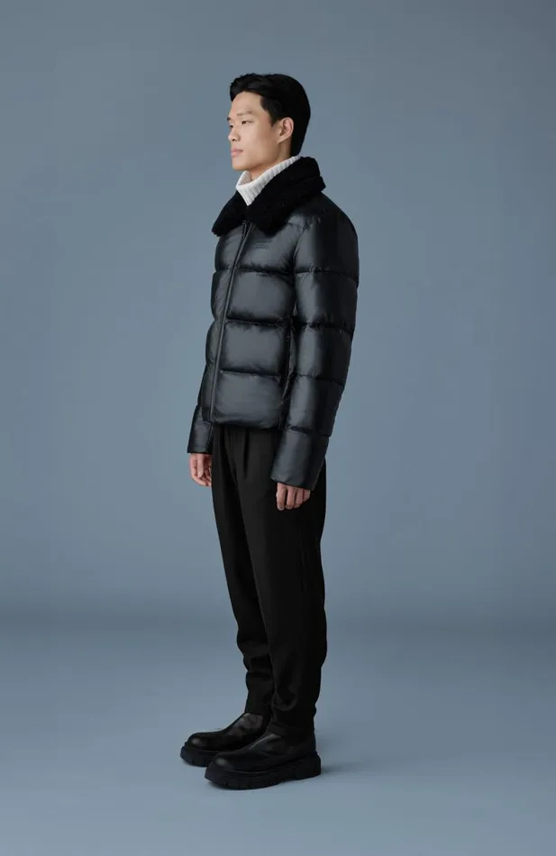 Puffer Men Mackage KYRIE Leather Down Quilted Jacket With Shearling Collar Black