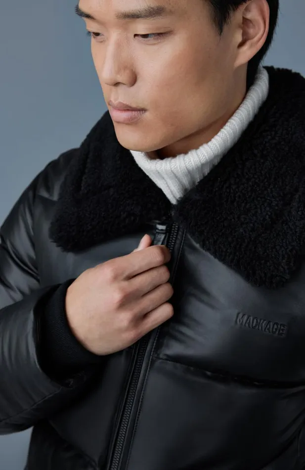 Puffer Men Mackage KYRIE Leather Down Quilted Jacket With Shearling Collar Black