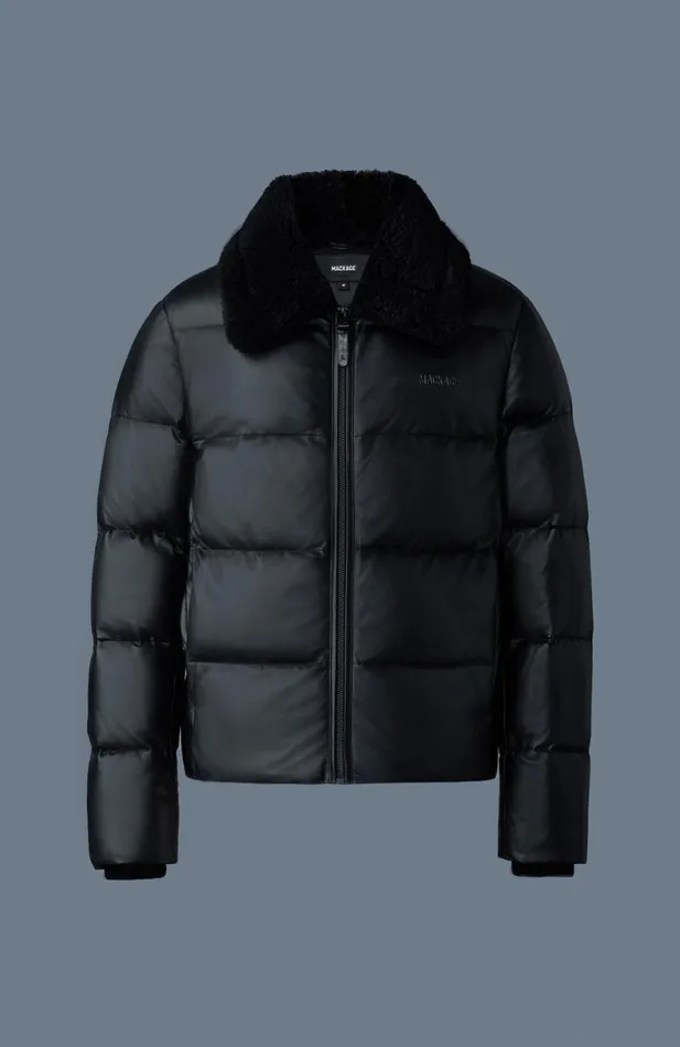 Puffer Men Mackage KYRIE Leather Down Quilted Jacket With Shearling Collar Black