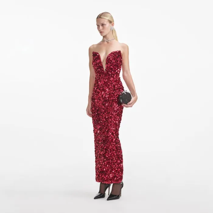 Red 3D Sequin Midi Dress Women Self Portrait Dresses