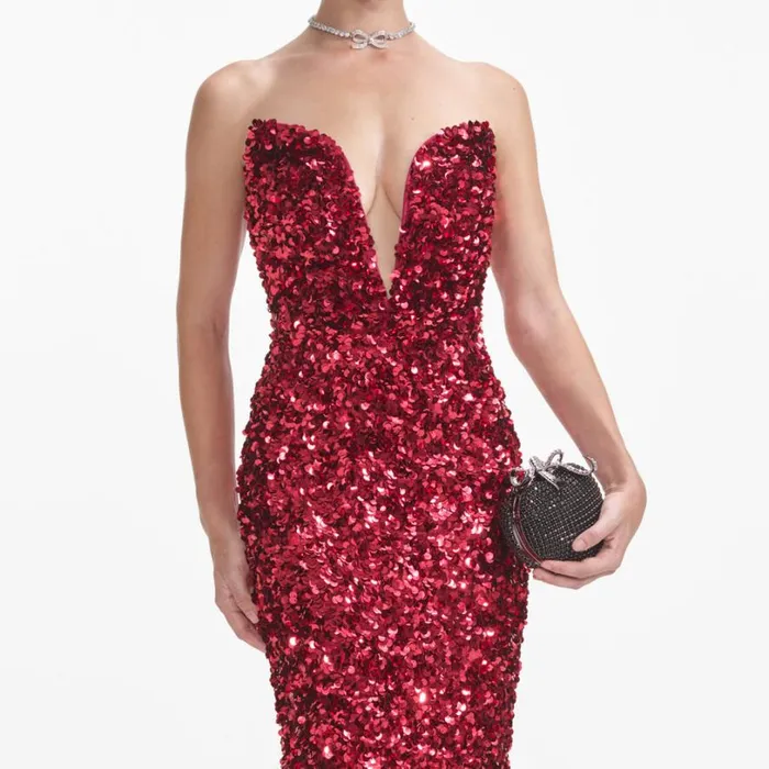 Red 3D Sequin Midi Dress Women Self Portrait Dresses