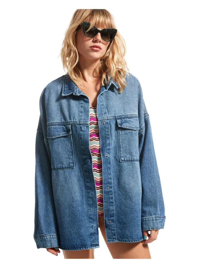Roxy Fleece and Hoodies Main Character Denim Jacket Medium Blue 8211 Women