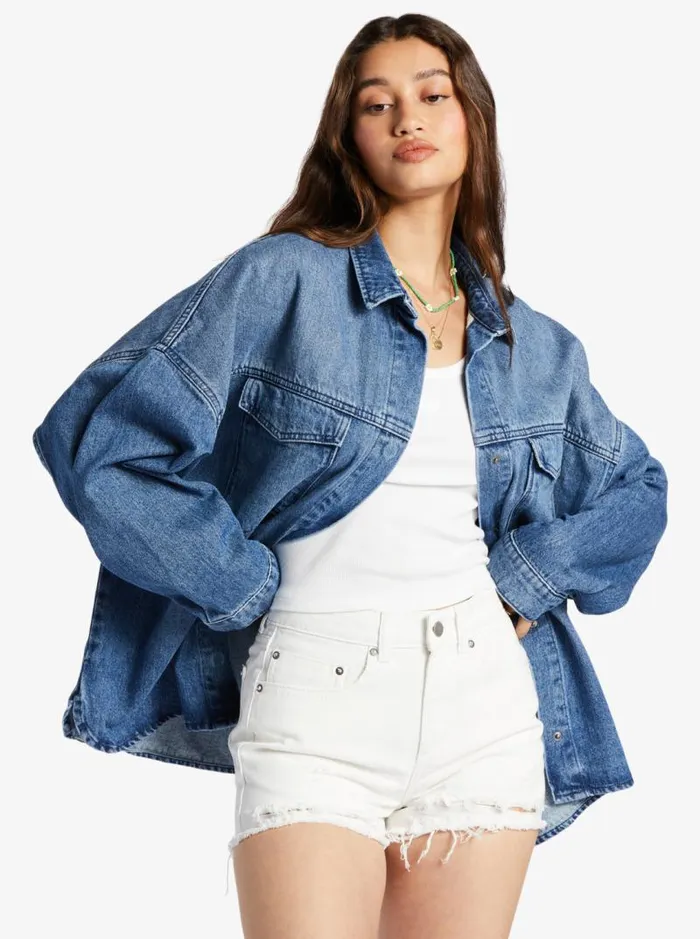 Roxy Fleece and Hoodies Main Character Denim Jacket Medium Blue 8211 Women