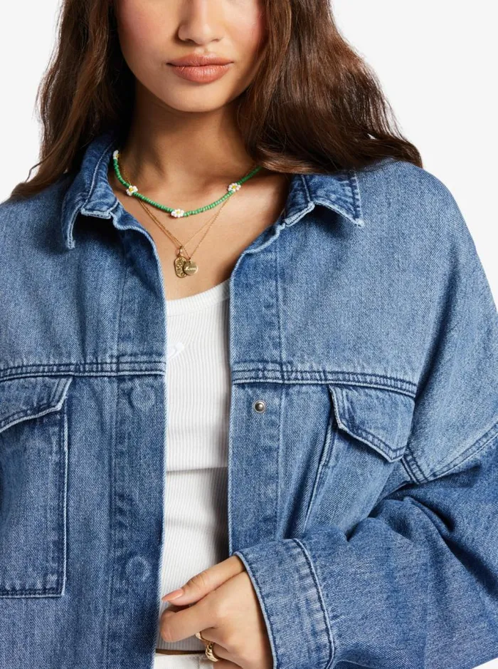 Roxy Fleece and Hoodies Main Character Denim Jacket Medium Blue 8211 Women