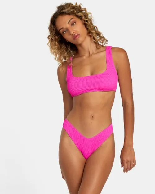 Rvca Grooves Texture High Leg Bikini Bottoms Fluro Pink Women Bikini Bottoms