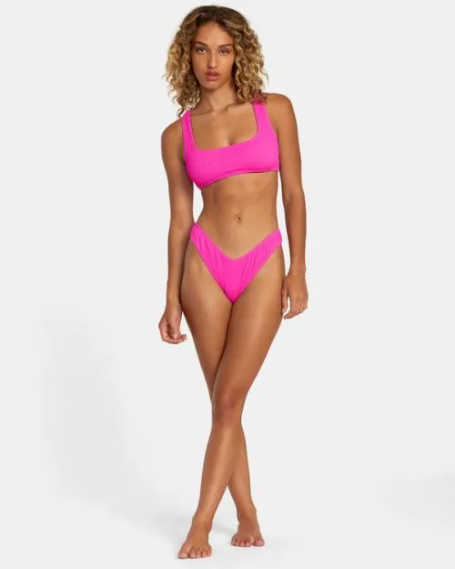 Rvca Grooves Texture High Leg Bikini Bottoms Fluro Pink Women Bikini Bottoms