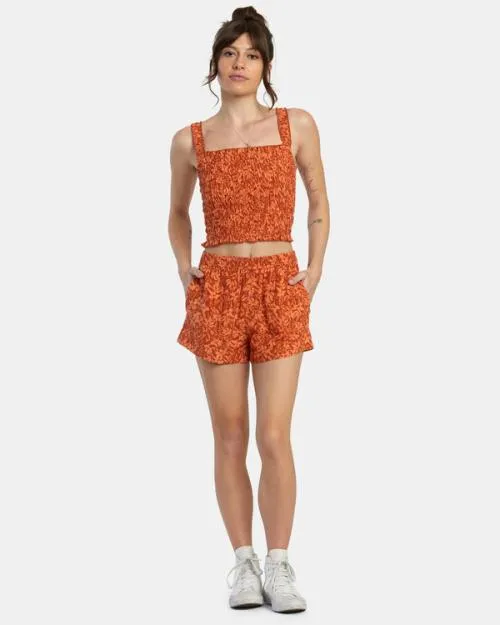 Rvca Sawyer Print Elastic Waist Shorts Sandlewood Women Shorts and Skirts